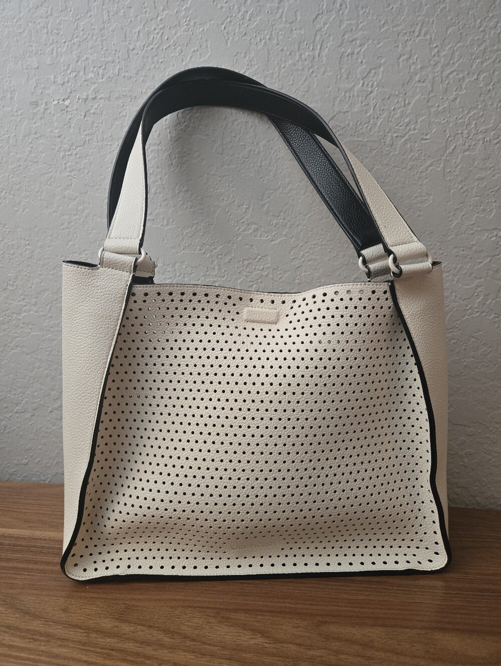 Calvin Klein Creamy White Perforated Shoulder Tote with Black Trim